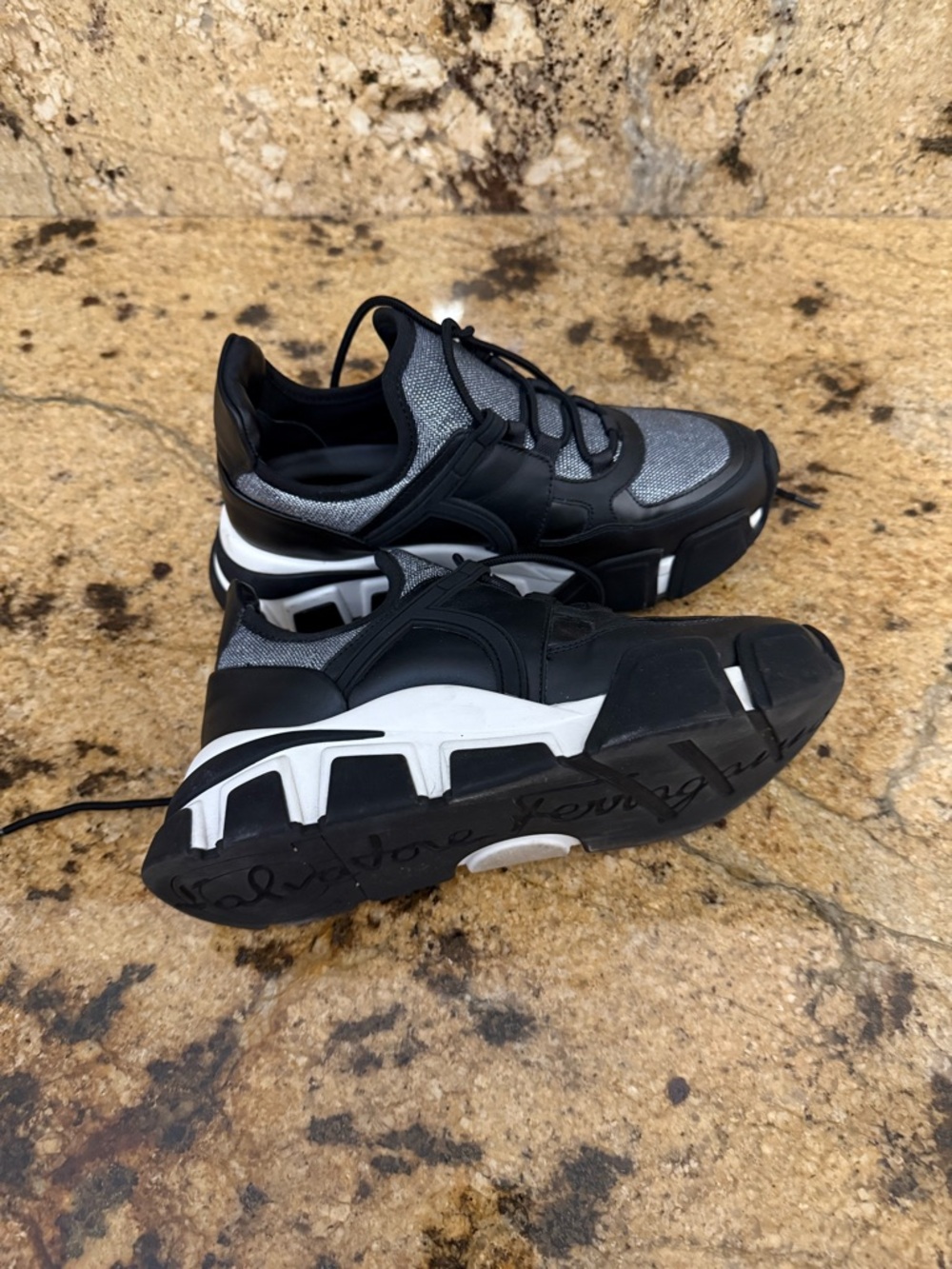 Cimbra Nero Calf Salvatore Ferragamo Black and Gray Women's Lace-Up Sneakers - Picture 3 of 3